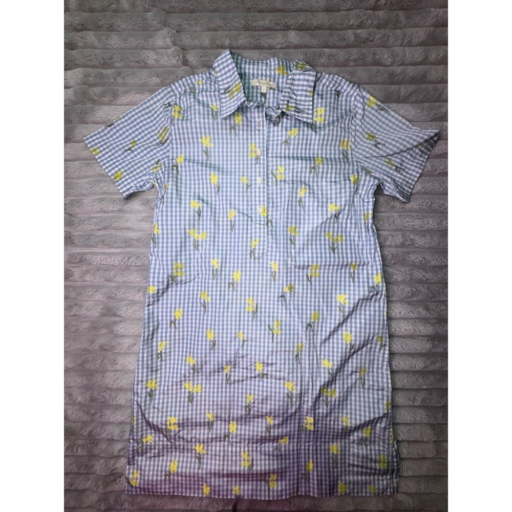 Ann Mashburn Women's Small Blue Gingham Floral Popover Shirt Dress Pockets Swish - Picture 2 of 14